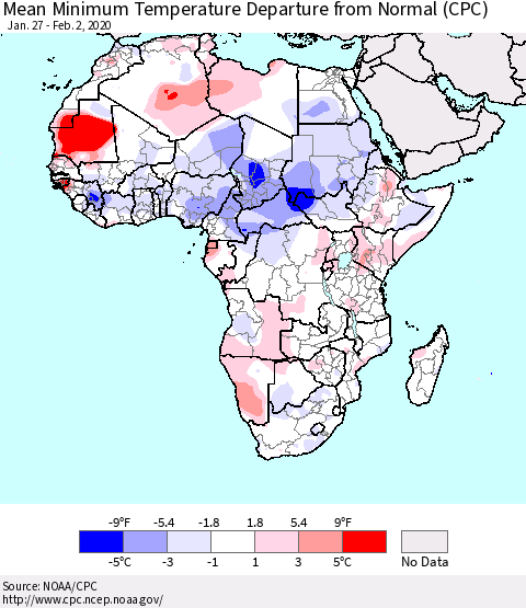 Africa Mean Minimum Temperature Departure from Normal (CPC) Thematic Map For 1/27/2020 - 2/2/2020