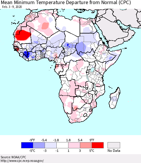 Africa Mean Minimum Temperature Departure from Normal (CPC) Thematic Map For 2/3/2020 - 2/9/2020