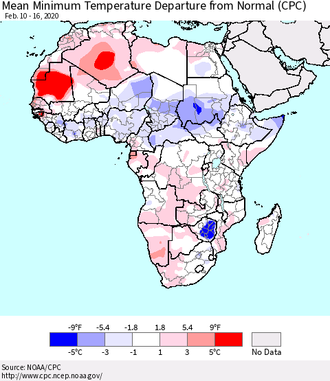 Africa Mean Minimum Temperature Departure from Normal (CPC) Thematic Map For 2/10/2020 - 2/16/2020