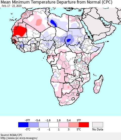 Africa Mean Minimum Temperature Departure from Normal (CPC) Thematic Map For 2/17/2020 - 2/23/2020
