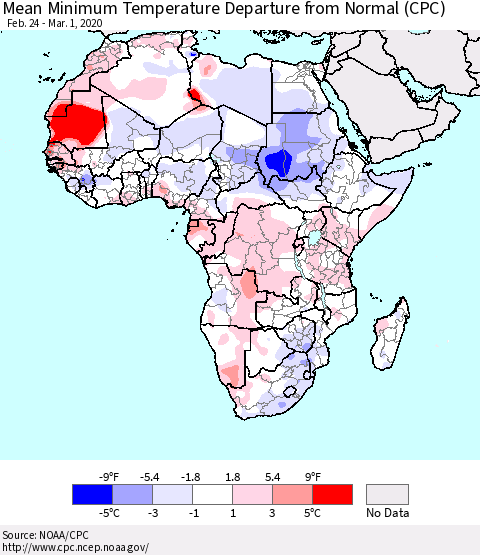 Africa Mean Minimum Temperature Departure from Normal (CPC) Thematic Map For 2/24/2020 - 3/1/2020