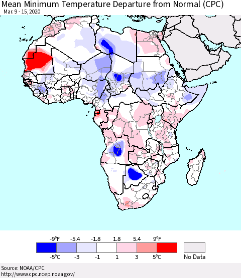 Africa Mean Minimum Temperature Departure from Normal (CPC) Thematic Map For 3/9/2020 - 3/15/2020