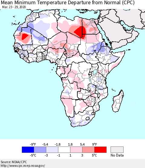 Africa Mean Minimum Temperature Departure from Normal (CPC) Thematic Map For 3/23/2020 - 3/29/2020