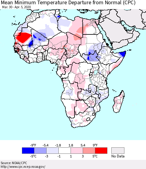 Africa Mean Minimum Temperature Departure from Normal (CPC) Thematic Map For 3/30/2020 - 4/5/2020