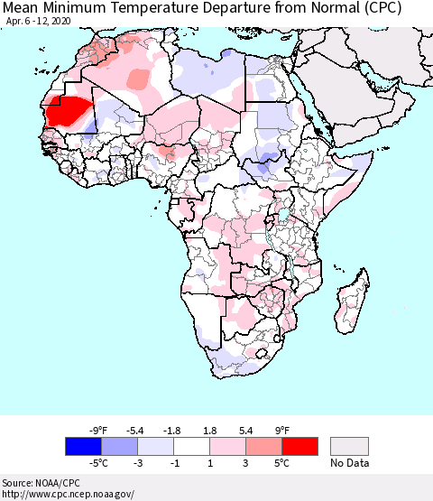 Africa Mean Minimum Temperature Departure from Normal (CPC) Thematic Map For 4/6/2020 - 4/12/2020