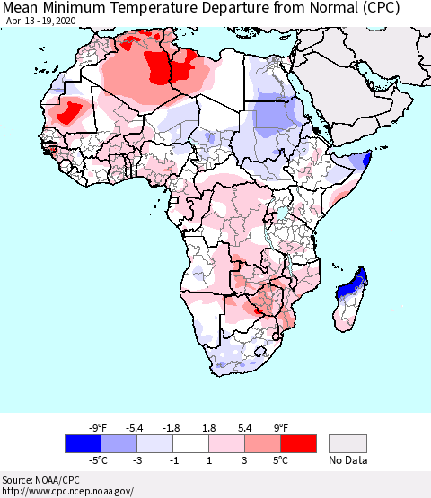 Africa Mean Minimum Temperature Departure from Normal (CPC) Thematic Map For 4/13/2020 - 4/19/2020