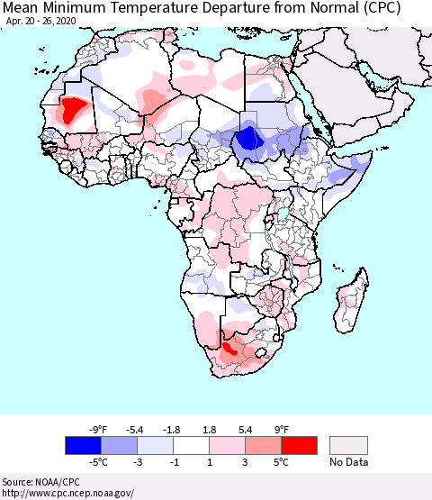 Africa Mean Minimum Temperature Departure from Normal (CPC) Thematic Map For 4/20/2020 - 4/26/2020