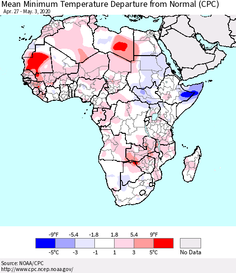Africa Mean Minimum Temperature Departure from Normal (CPC) Thematic Map For 4/27/2020 - 5/3/2020