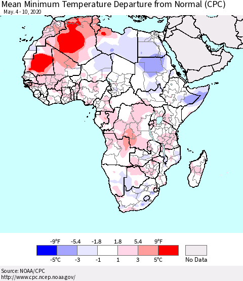 Africa Mean Minimum Temperature Departure from Normal (CPC) Thematic Map For 5/4/2020 - 5/10/2020
