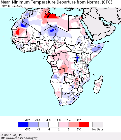 Africa Mean Minimum Temperature Departure from Normal (CPC) Thematic Map For 5/11/2020 - 5/17/2020