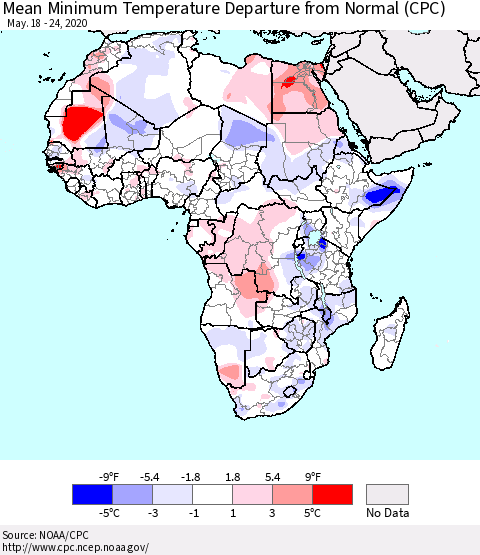 Africa Mean Minimum Temperature Departure from Normal (CPC) Thematic Map For 5/18/2020 - 5/24/2020