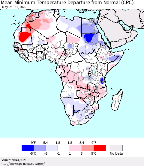 Africa Mean Minimum Temperature Departure from Normal (CPC) Thematic Map For 5/25/2020 - 5/31/2020