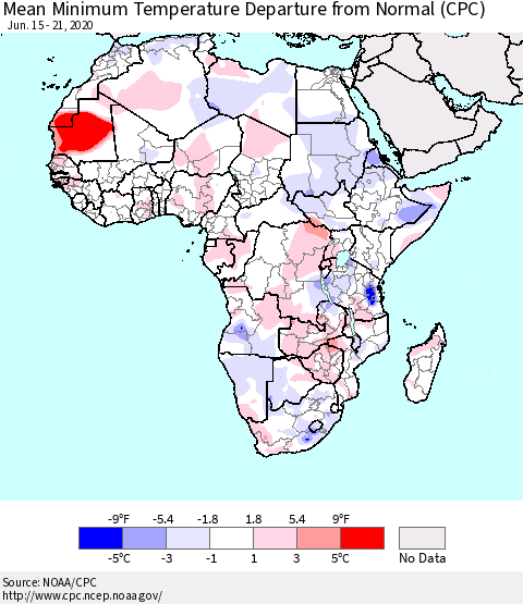 Africa Mean Minimum Temperature Departure from Normal (CPC) Thematic Map For 6/15/2020 - 6/21/2020