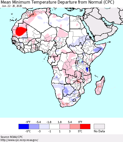 Africa Mean Minimum Temperature Departure from Normal (CPC) Thematic Map For 6/22/2020 - 6/28/2020