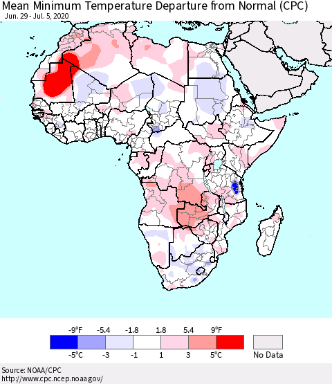 Africa Mean Minimum Temperature Departure from Normal (CPC) Thematic Map For 6/29/2020 - 7/5/2020
