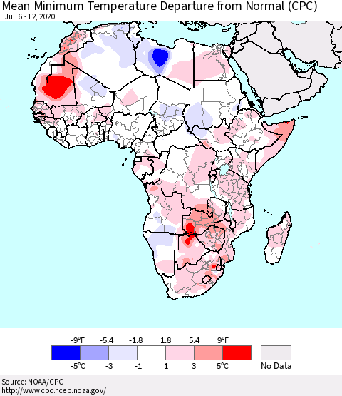 Africa Mean Minimum Temperature Departure from Normal (CPC) Thematic Map For 7/6/2020 - 7/12/2020
