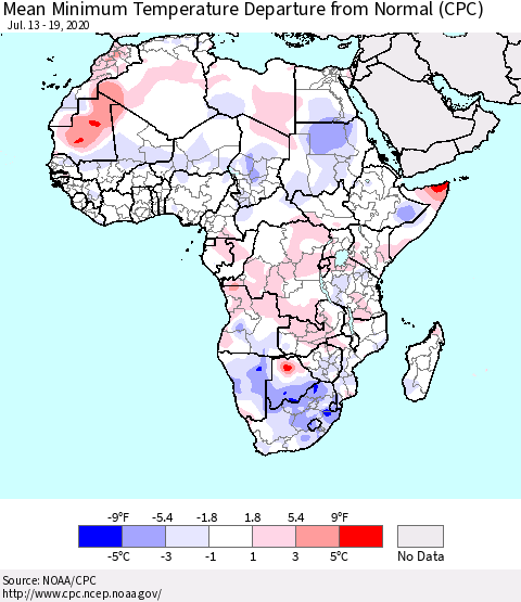 Africa Mean Minimum Temperature Departure from Normal (CPC) Thematic Map For 7/13/2020 - 7/19/2020