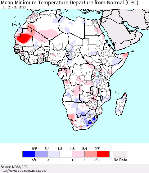 Africa Mean Minimum Temperature Departure from Normal (CPC) Thematic Map For 7/20/2020 - 7/26/2020
