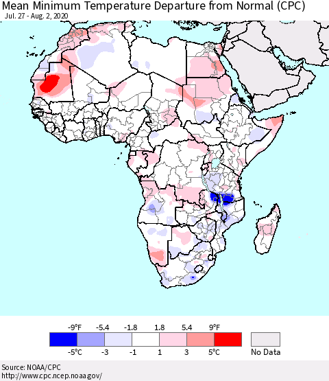 Africa Mean Minimum Temperature Departure from Normal (CPC) Thematic Map For 7/27/2020 - 8/2/2020