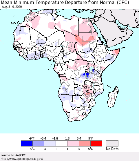 Africa Mean Minimum Temperature Departure from Normal (CPC) Thematic Map For 8/3/2020 - 8/9/2020