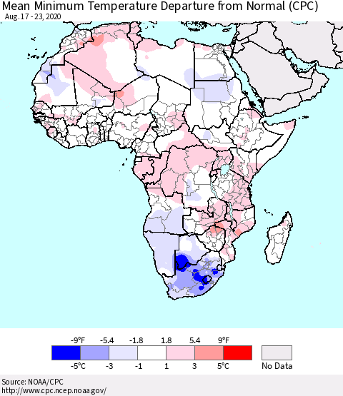 Africa Mean Minimum Temperature Departure from Normal (CPC) Thematic Map For 8/17/2020 - 8/23/2020