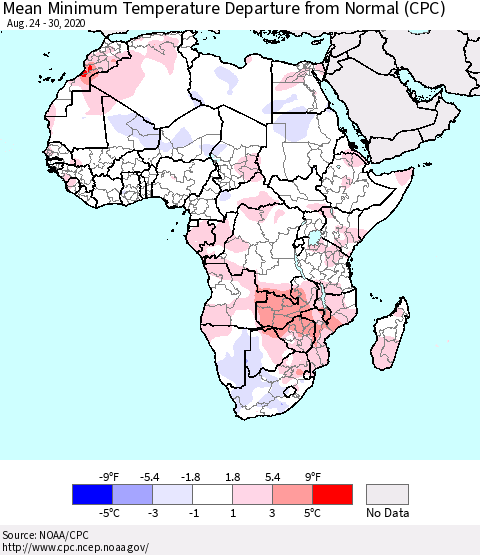 Africa Mean Minimum Temperature Departure from Normal (CPC) Thematic Map For 8/24/2020 - 8/30/2020