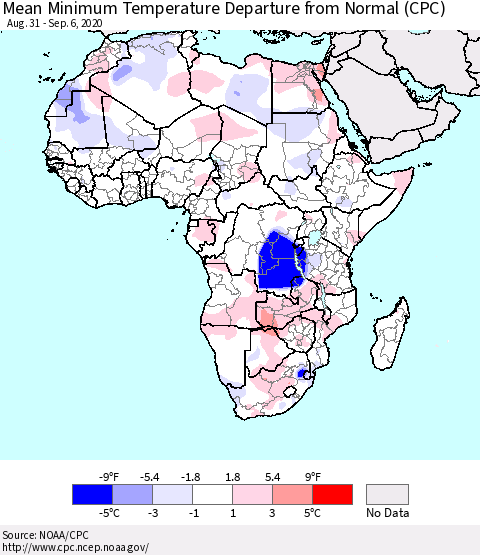 Africa Mean Minimum Temperature Departure from Normal (CPC) Thematic Map For 8/31/2020 - 9/6/2020