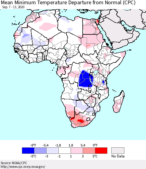 Africa Mean Minimum Temperature Departure from Normal (CPC) Thematic Map For 9/7/2020 - 9/13/2020