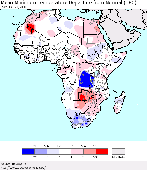 Africa Mean Minimum Temperature Departure from Normal (CPC) Thematic Map For 9/14/2020 - 9/20/2020