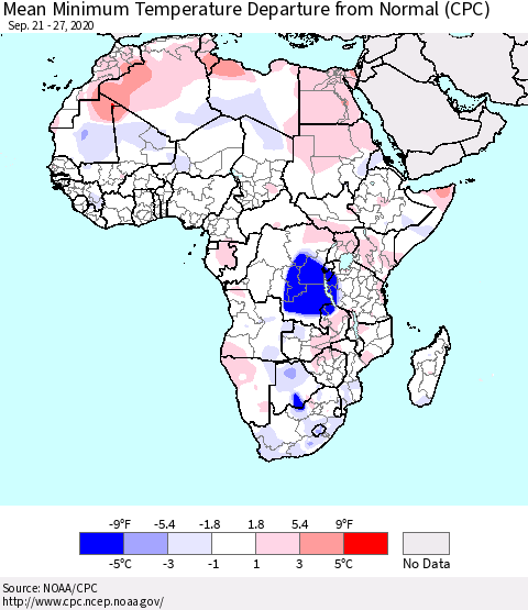 Africa Mean Minimum Temperature Departure from Normal (CPC) Thematic Map For 9/21/2020 - 9/27/2020