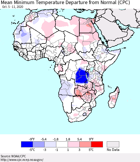 Africa Mean Minimum Temperature Departure from Normal (CPC) Thematic Map For 10/5/2020 - 10/11/2020