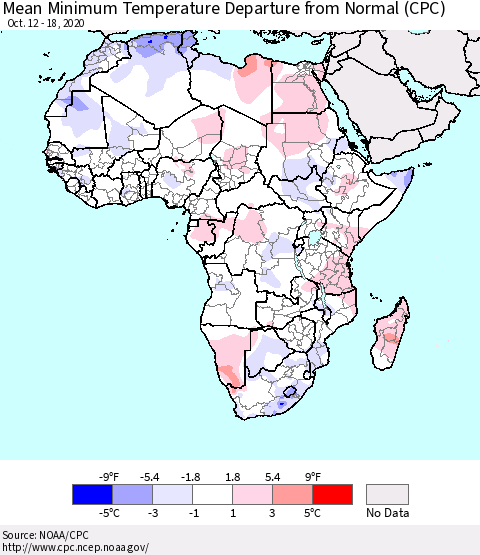 Africa Mean Minimum Temperature Departure from Normal (CPC) Thematic Map For 10/12/2020 - 10/18/2020