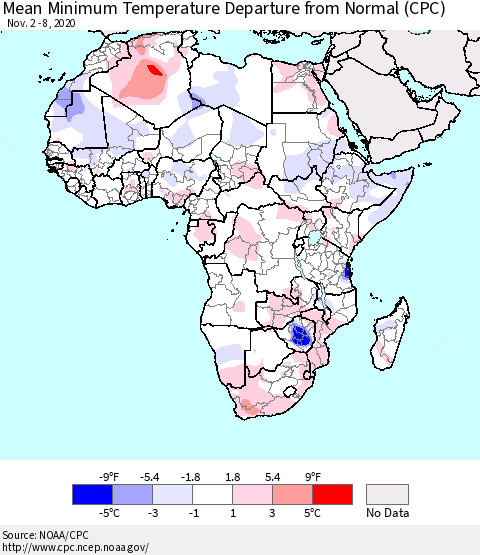 Africa Mean Minimum Temperature Departure from Normal (CPC) Thematic Map For 11/2/2020 - 11/8/2020