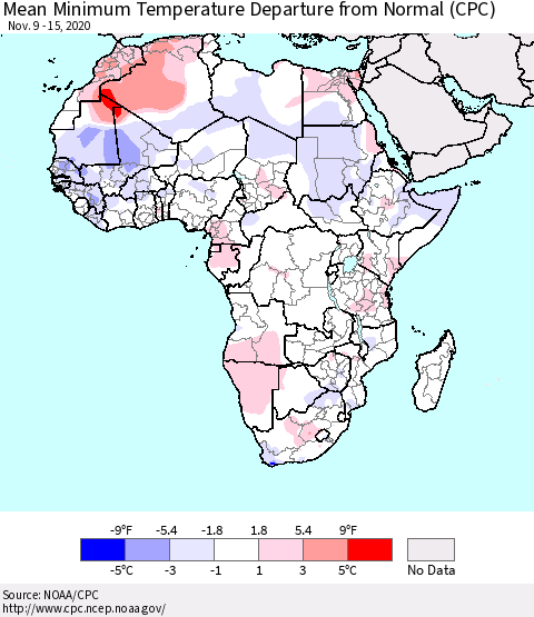 Africa Mean Minimum Temperature Departure from Normal (CPC) Thematic Map For 11/9/2020 - 11/15/2020