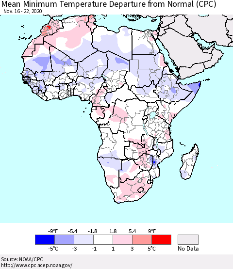 Africa Mean Minimum Temperature Departure from Normal (CPC) Thematic Map For 11/16/2020 - 11/22/2020