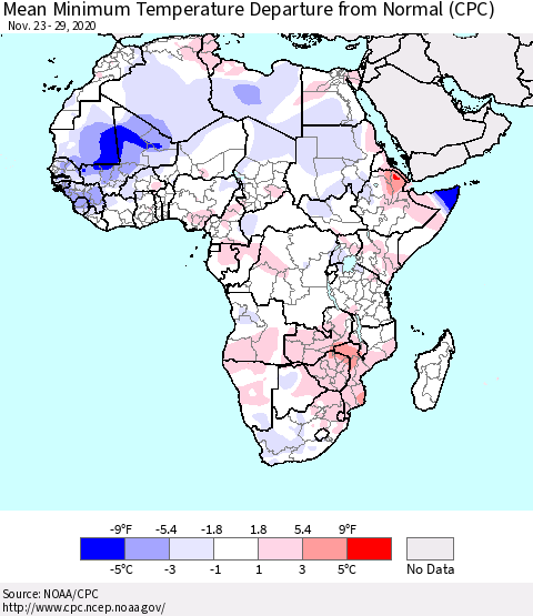 Africa Mean Minimum Temperature Departure from Normal (CPC) Thematic Map For 11/23/2020 - 11/29/2020