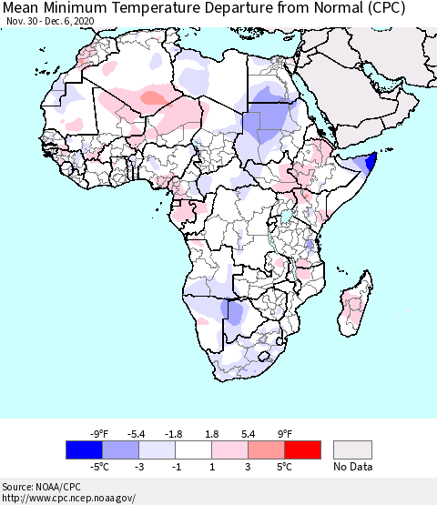 Africa Mean Minimum Temperature Departure from Normal (CPC) Thematic Map For 11/30/2020 - 12/6/2020