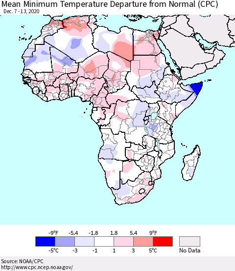 Africa Mean Minimum Temperature Departure from Normal (CPC) Thematic Map For 12/7/2020 - 12/13/2020