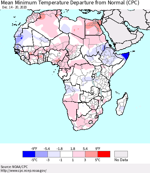 Africa Mean Minimum Temperature Departure from Normal (CPC) Thematic Map For 12/14/2020 - 12/20/2020
