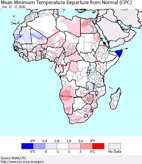 Africa Mean Minimum Temperature Departure from Normal (CPC) Thematic Map For 12/21/2020 - 12/27/2020