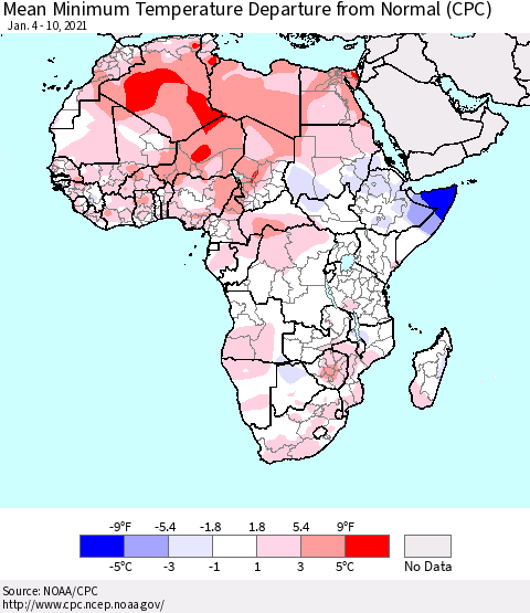 Africa Mean Minimum Temperature Departure from Normal (CPC) Thematic Map For 1/4/2021 - 1/10/2021