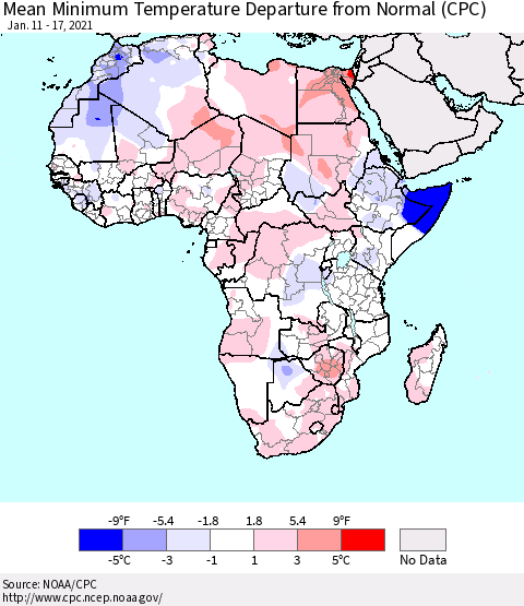 Africa Mean Minimum Temperature Departure from Normal (CPC) Thematic Map For 1/11/2021 - 1/17/2021