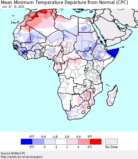 Africa Mean Minimum Temperature Departure from Normal (CPC) Thematic Map For 1/25/2021 - 1/31/2021