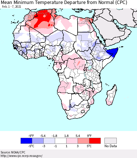 Africa Mean Minimum Temperature Departure from Normal (CPC) Thematic Map For 2/1/2021 - 2/7/2021