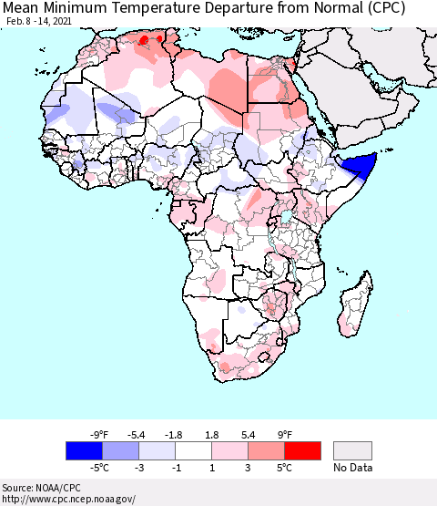 Africa Mean Minimum Temperature Departure from Normal (CPC) Thematic Map For 2/8/2021 - 2/14/2021