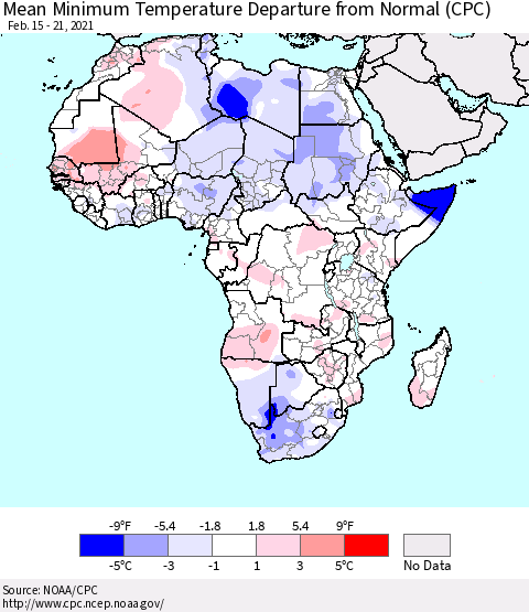 Africa Mean Minimum Temperature Departure from Normal (CPC) Thematic Map For 2/15/2021 - 2/21/2021