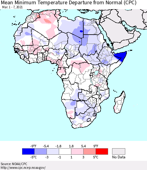Africa Mean Minimum Temperature Departure from Normal (CPC) Thematic Map For 3/1/2021 - 3/7/2021
