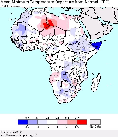 Africa Mean Minimum Temperature Departure from Normal (CPC) Thematic Map For 3/8/2021 - 3/14/2021