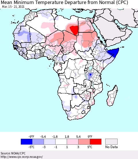 Africa Mean Minimum Temperature Departure from Normal (CPC) Thematic Map For 3/15/2021 - 3/21/2021