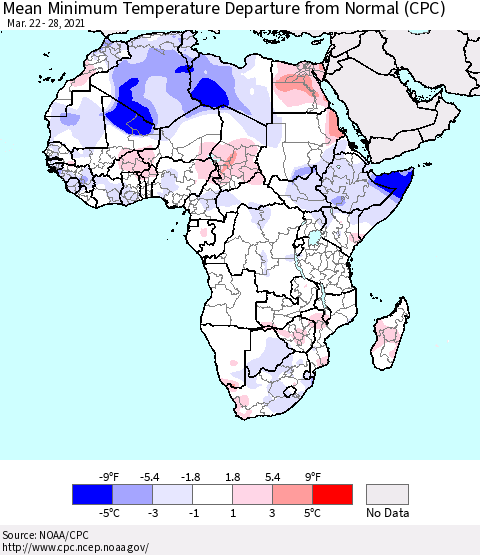 Africa Mean Minimum Temperature Departure from Normal (CPC) Thematic Map For 3/22/2021 - 3/28/2021